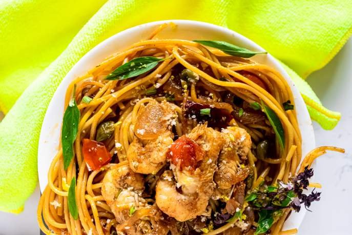 10-min Shrimp Scampi With Spaghetti in a white bowl