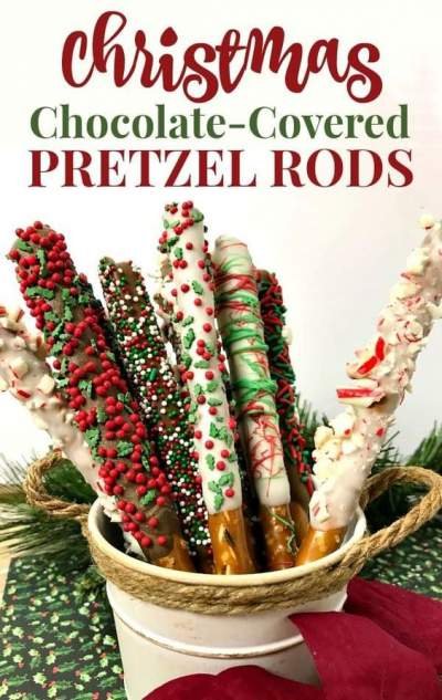 Pretzel Rods covered in Chocolate and Christmas Sprinkles