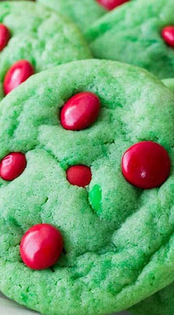 grinch cookies with red M&Ms