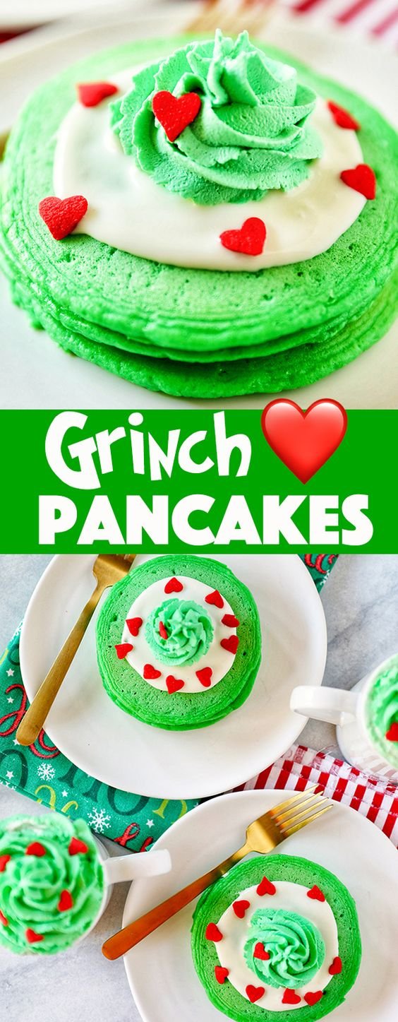 Grinch Pancakes with cream cheese and creamy buttercream frosting