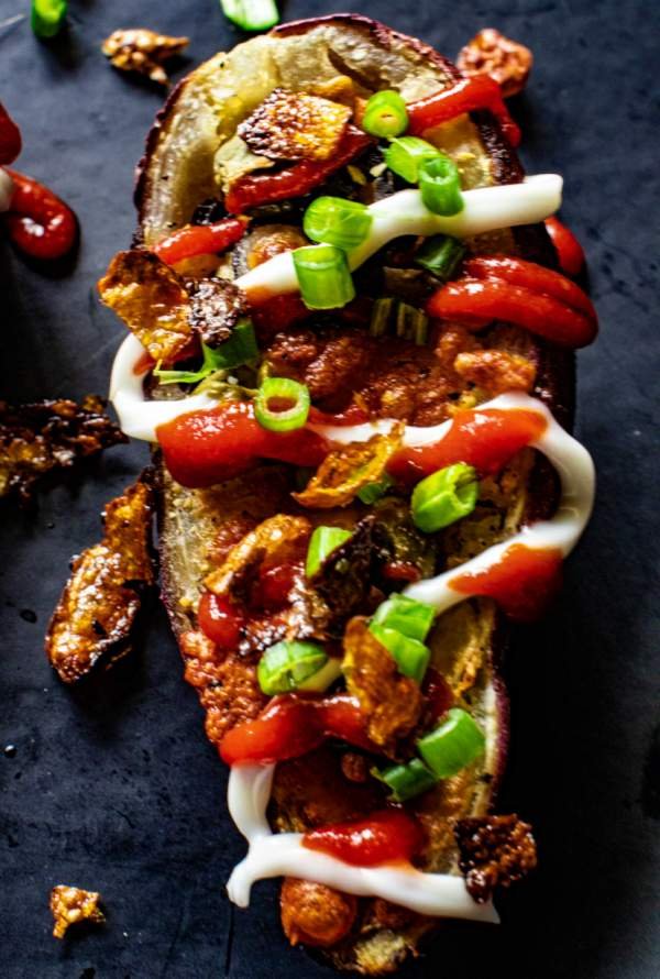 Overhead Shot of Loaded Sweet Potato Skins