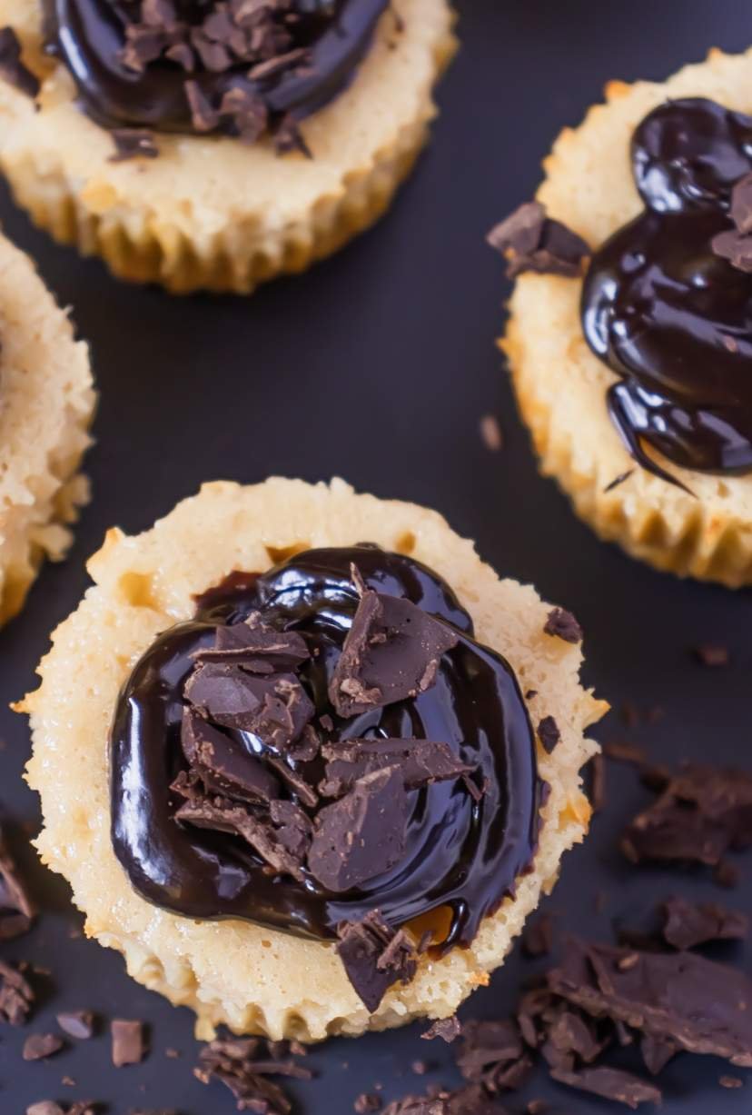 Mini Peanut Butter Cheesecakes with Chocolate Ganache overhead shot
