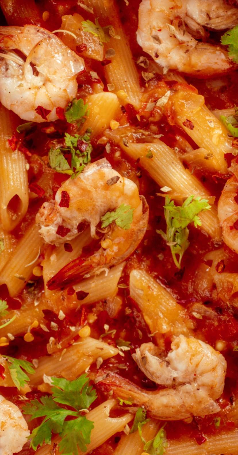 Tomato Garlic Butter Shrimp with penne with closeup of one shrimp