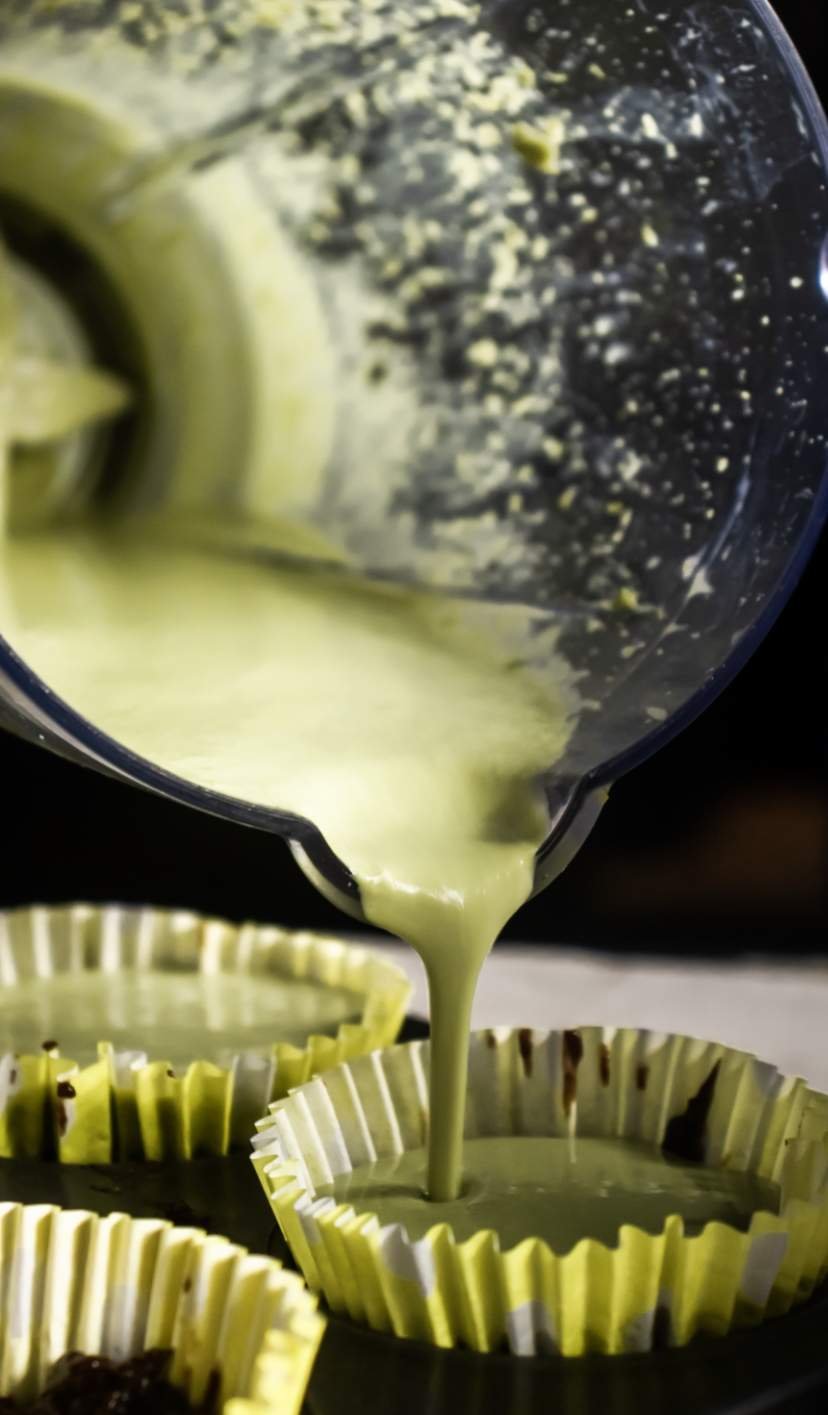 pouring Matcha Layer over Dates Layer