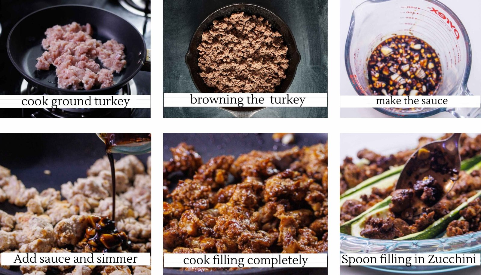 step by step pictures of making Garlic sesame turkey stuffed zucchini boat