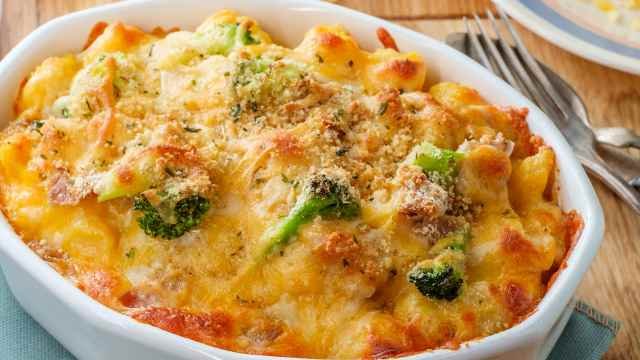 leftover turkey casserole in a casserole dish
